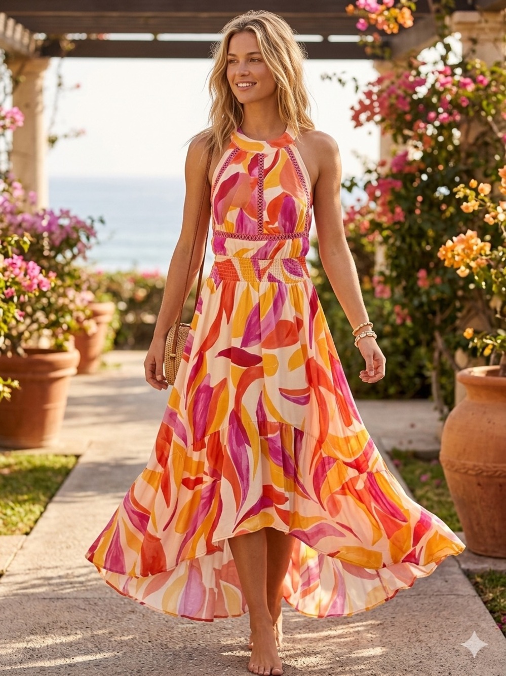 Anthropologie Abel the Label Halter High-Low Maxi Dress in Pink & Orange Print